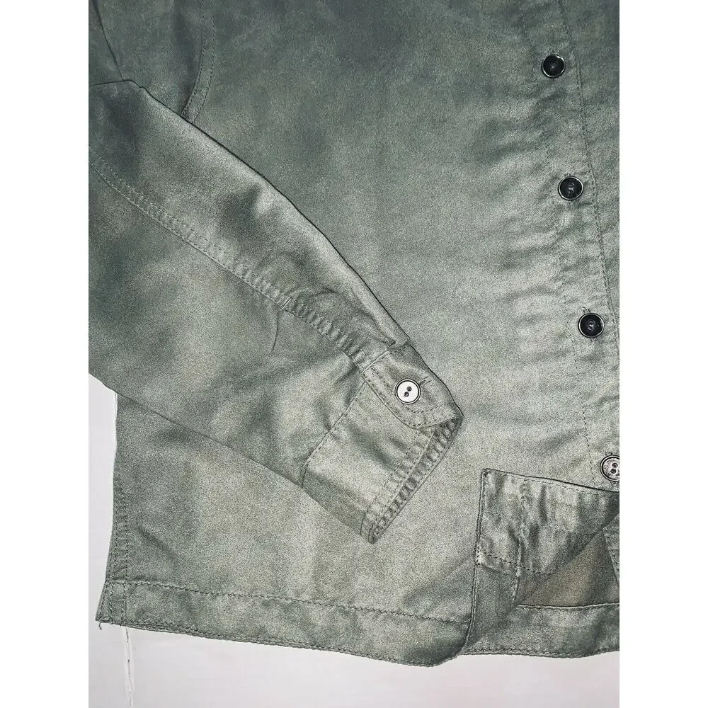 Sz 2 Chicos Faux Suede Shirt Green Womens Shirt Light Unlined Jacket 44